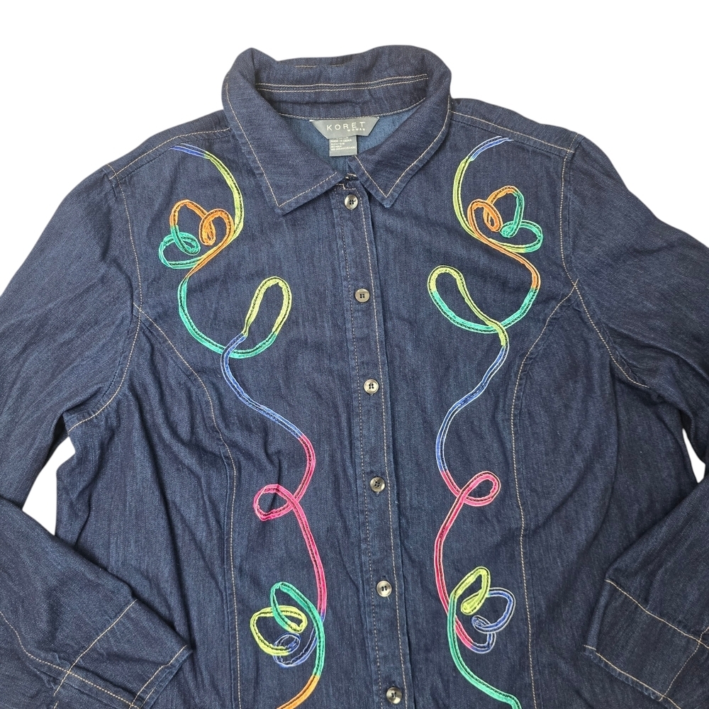 KORET Denim Top Embroidered Long Sleeve Shirt Top Size 16 W Women’s Blue - Picture 2 of 9